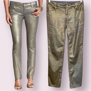 Chico’s Platinum Shimmering Gold Metallic Jeans Straight Leg Stretchy Size XS/2